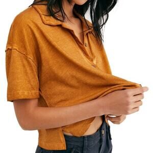 Free People Weekend Rush Button Front Cropped Tee Copper Size XS NEW